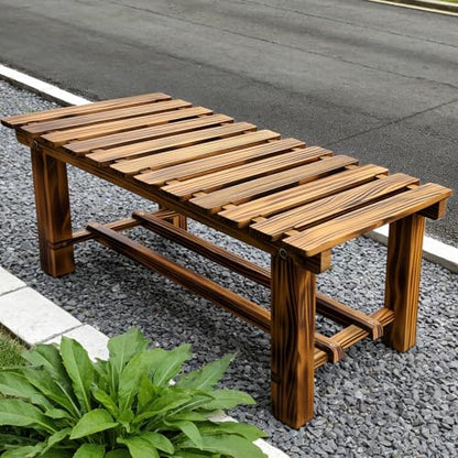 HAOIOKSC 35.5" Outdoor Garden Bench, Weatherproof 2-Person Backless Wooden Bench with Mortise-Tenon Structure – for Garden, Lawn, Porch, Backyard （Brown
