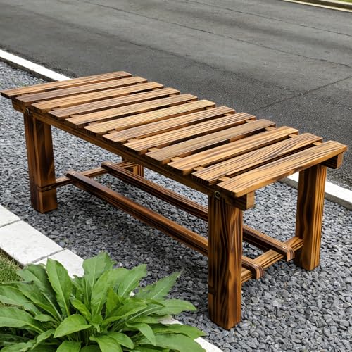 HAOIOKSC 35.5" Outdoor Garden Bench, Weatherproof 2-Person Backless Wooden Bench with Mortise-Tenon Structure – for Garden, Lawn, Porch, Backyard （Brown