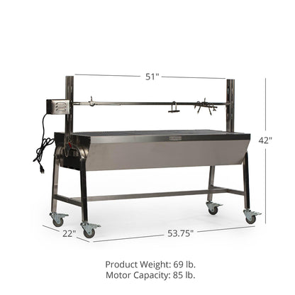 Ash & Ember 13W Stainless Steel Rotisserie Grill, Rated 85 LB for Medium Game, 4 RPM Rotation Speed, Outdoor Grill with Dual Prong Spit Rod, Single Leg Bracket, and Spine Fork