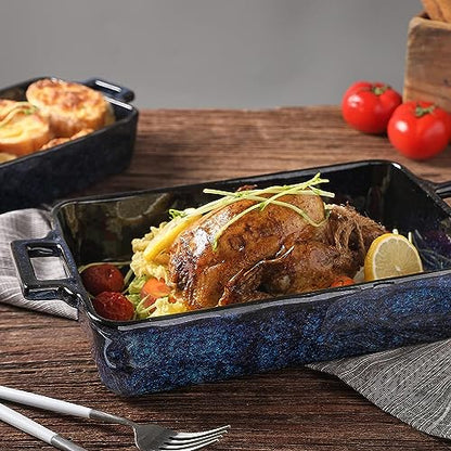 VICRAYS Ceramic Bakeware Set, Porcelain Rectangular Lasagna Pans Casserole Dish Set for Baking, Cooking, Kitchen, Cake Dinner, Banquet and Daily Use, 3 PCS, 15 x 8.5 Inches(Blue)