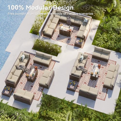 LazySunsets 12 Piece Outdoor Patio Furniture Set with 44'' Fire Pit Table, Outdoor Patio Furniture Sets with 4'' Thicken Cushion, Wicker Rattan Outdoor Conversation Set for Backyard & Garden, Beige