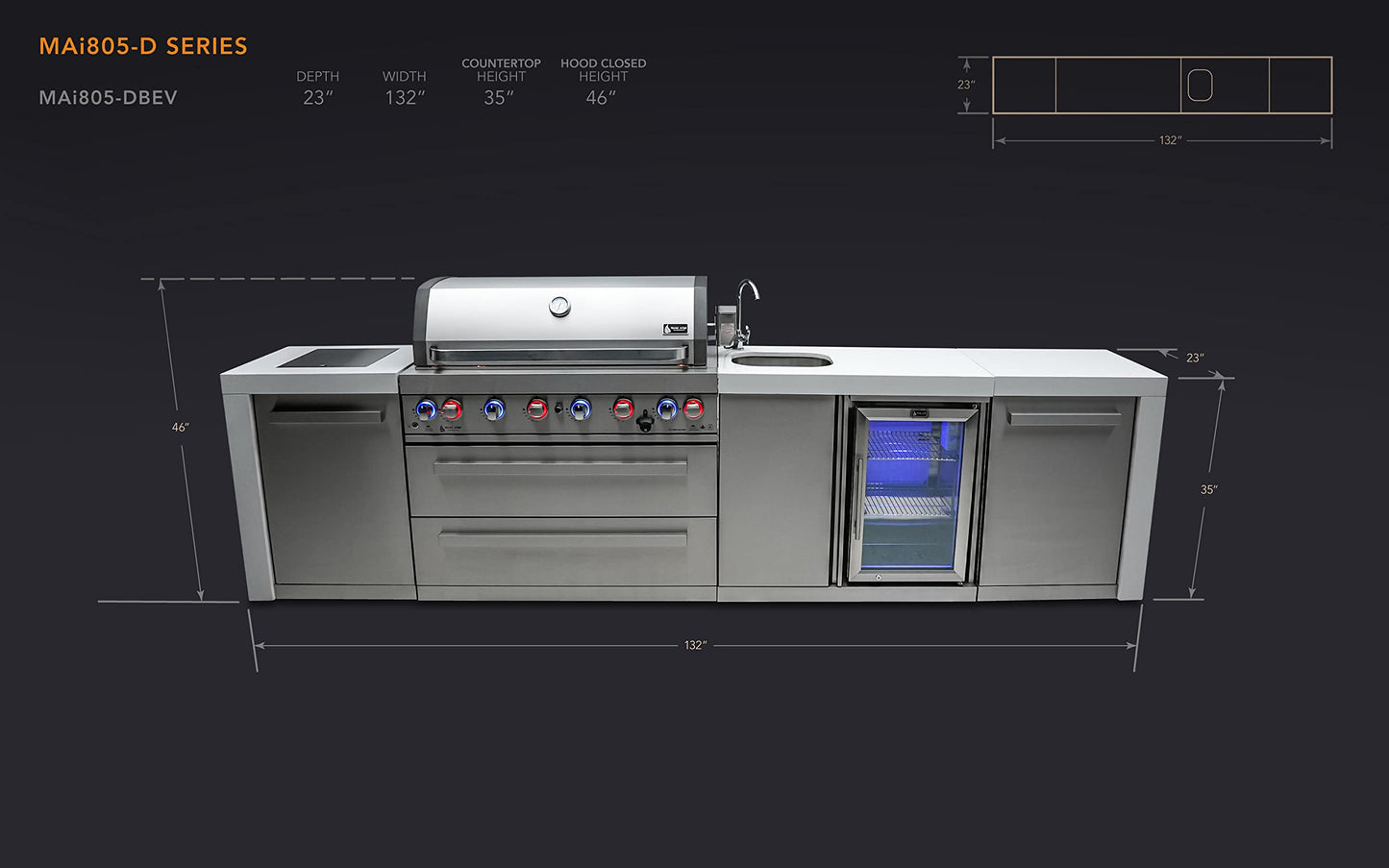 Mont Alpi MAi805-DBEV-COMBO 44-inch 6 Burner 115000 BTU Deluxe Stainless Steel Gas Outdoor Kitchen Island Barbecue Grill with Beverage Center + Side Burner Pizza Oven, Charcoal Tray & Griddle Plate