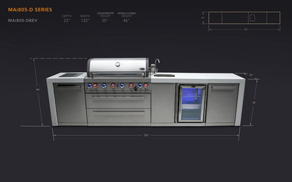 Mont Alpi MAi805-DBEV-COMBO 44-inch 6 Burner 115000 BTU Deluxe Stainless Steel Gas Outdoor Kitchen Island Barbecue Grill with Beverage Center + Side Burner Pizza Oven, Charcoal Tray & Griddle Plate