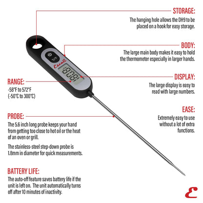 Escali Long Stem Digital Thermometer for Meat, Frying, Cooking, Candy and Kitchen Use, Extra Long 5.6-Inch Probe, Black