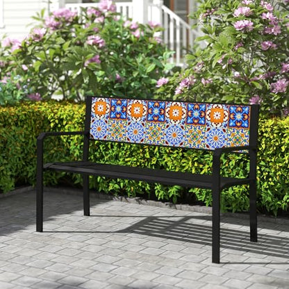 Tangkula 50" Metal Patio Park Bench, Modern Outdoor Classic Slatted Loveseat for 2-3 People with Curved Seat & Mosaic Backrest, Heavy-Duty Outdoor Seating for Backyard, Poolside, Porch