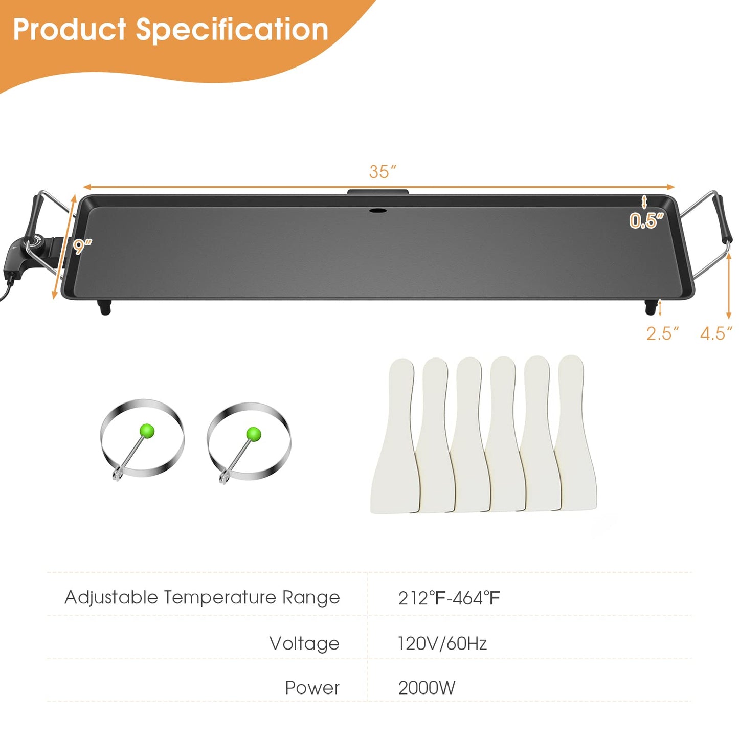 COSTWAY 35" Electric Griddle Teppanyaki Grill, Nonstick Extra Large Cooking Plate for Pancake Barbecue, Indoor Outdoor Table Top Grill with Adjustable Temperature & Drip Tray, 2000W