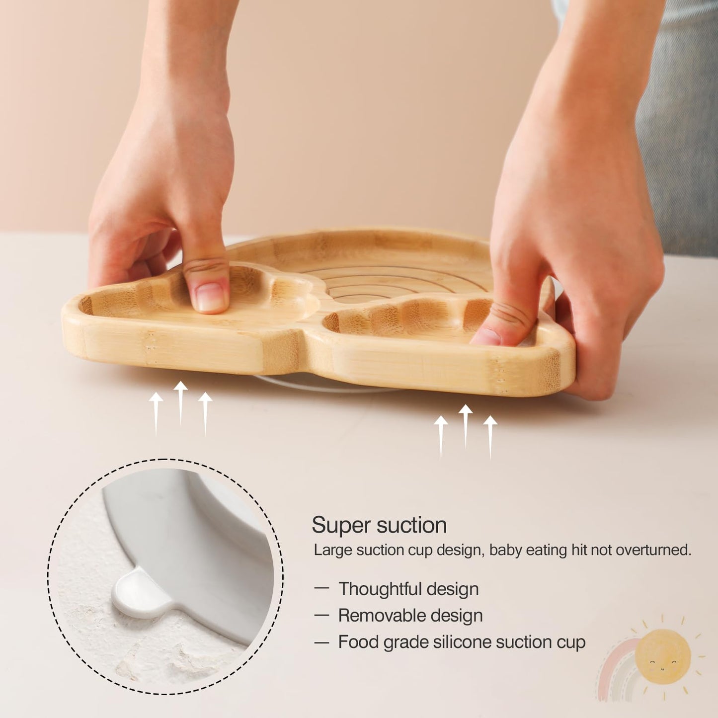 Bamboo Suction Plates Bowls Set for Baby Toddler Divided Platter Food bowl with Silicone Fork & Spoon All-Natural Baby Feeding Set for Baby-Led Weaning, Non-Slip Design