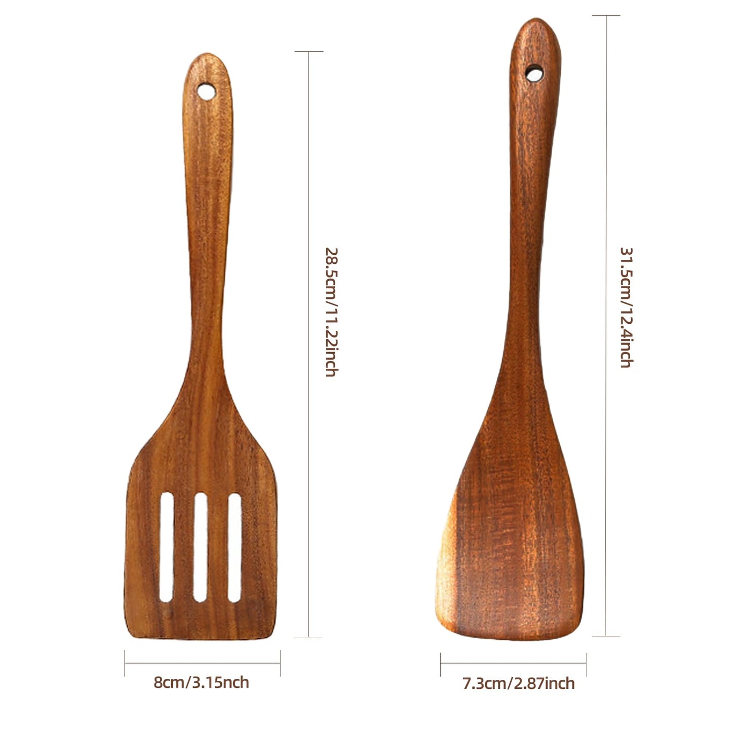 2 Pcs Wooden Spatula Set - Acacia Wood Non-Stick Kitchen Utensils with Long Handle - Solid & Slotted Spatulas for Cooking, Baking - Smooth Finish, Handmade Wooden Spoons