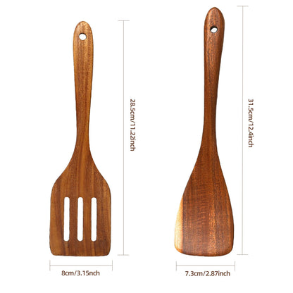 2 Pcs Wooden Spatula Set - Acacia Wood Non-Stick Kitchen Utensils with Long Handle - Solid & Slotted Spatulas for Cooking, Baking - Smooth Finish, Handmade Wooden Spoons