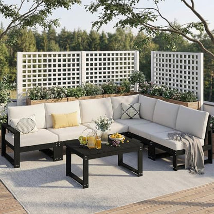 Polyhouz Outdoor Furniture with Cushions, Patio Furniture Set, 7-Piece L Shaped Outdoor Couch Sets 6 Seats, HDPE Patio Sectional Sofas for Porch, Deck, Backyard, Black