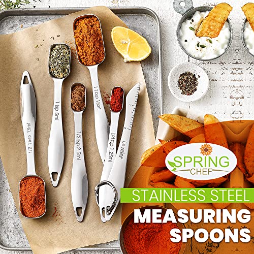 Spring Chef Stainless Steel Measuring Spoons Set of 6 with Leveler, Rectangular Metal Teaspoon & Tablespoon Measuring Spoons for Dry & Liquid Ingredients - Nesting Kitchen Gadgets For Baking & Cooking