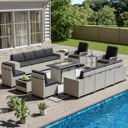 wallowsun 16-Piece Outdoor Patio Furniture Set, Modular Sectional Sofa Set with Swivel Rocker Chairs & Fire Pit, Wicker Outdoor Couch Conversation Sets w/Coffee Table and Cushions, Black