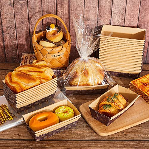 75 Sets Loaf Pans Disposable Paper Baking Loft Mold Bulk 6 x 2.5 x 2 Inch Rectangle Baking Pans with Bags Ties for Quick Bread Small Pumpkin Breads, Microwave Oven Freezer Safe