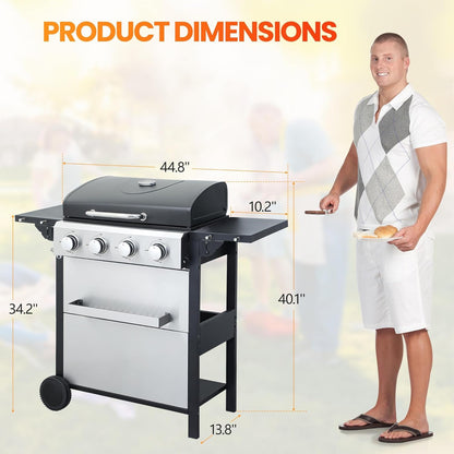 4-Burner Propane Gas Grill with 2 Foldable Side Tables, 34,200 BTU Outdoor BBQ Grill with Porcelain-Enameled Flame Tamers, Built-in Thermometer, Easy Assembly for Patio, Backyard BBQ