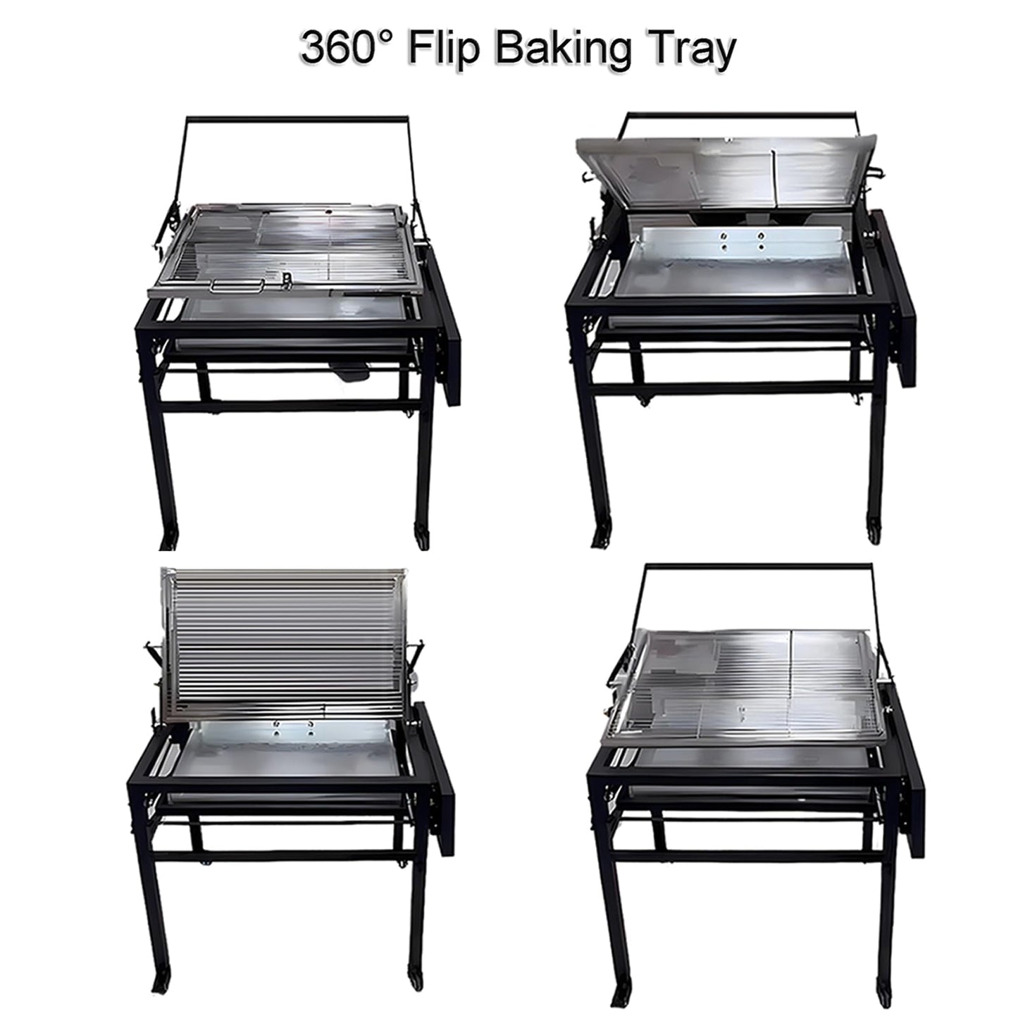 BBQ Charcoal Grill with Cart, Heavy Duty Square Outdoor Detachable Portable Grill, 360° Rotating Cooking Grid Stand-up Grills with Wheels for Camping Garden Commercial Barbeque