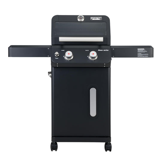 Monument Grills 2-Burner Stainless Steel Liquid Propane Gas Grill, Two Foldable Shelves Patio Garden Barbecue Grill with Clearview® Lid, Knob Control Mesa220, Black