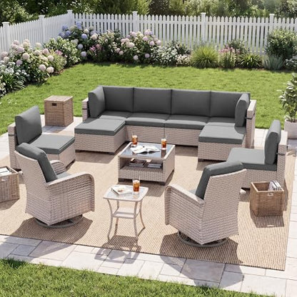 SnugVista Patio Furniture Set, 12-Piece Outdoor Sectional Sofa with Swivel Rocker Chairs & Ottomans, Wicker Patio Conversation Set with Coffee Table, Gray Cushions