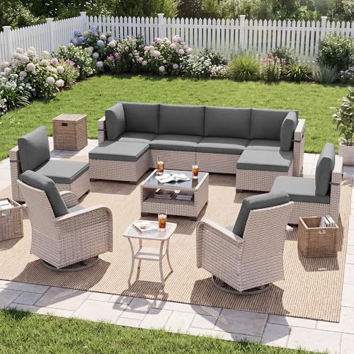 SnugVista Patio Furniture Set, 12-Piece Outdoor Sectional Sofa with Swivel Rocker Chairs & Ottomans, Wicker Patio Conversation Set with Coffee Table, Gray Cushions