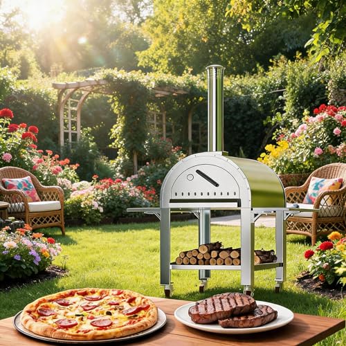 Garvee 44 Inch Pizza Oven Outdoor,Wood Fire & Propane Gas Dual Fuel with Wheels and Accessories in Stainless Steel for Restaurant, Backyard, Garden, Patio, Camping, Silver