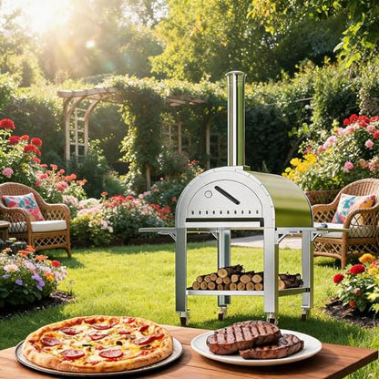 Garvee 44 Inch Pizza Oven Outdoor,Wood Fire & Propane Gas Dual Fuel with Wheels and Accessories in Stainless Steel for Restaurant, Backyard, Garden, Patio, Camping, Silver