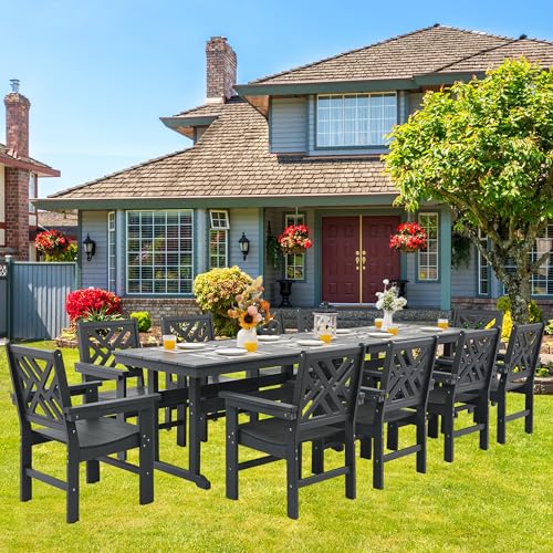 HDPE Dining Table Set for 10,12-Piece Outdoor Table and Chairs Include 10 Dining Chairs and 2 Pcs 62.5" Patio Dining Table with Umbrella Hole (Gray)