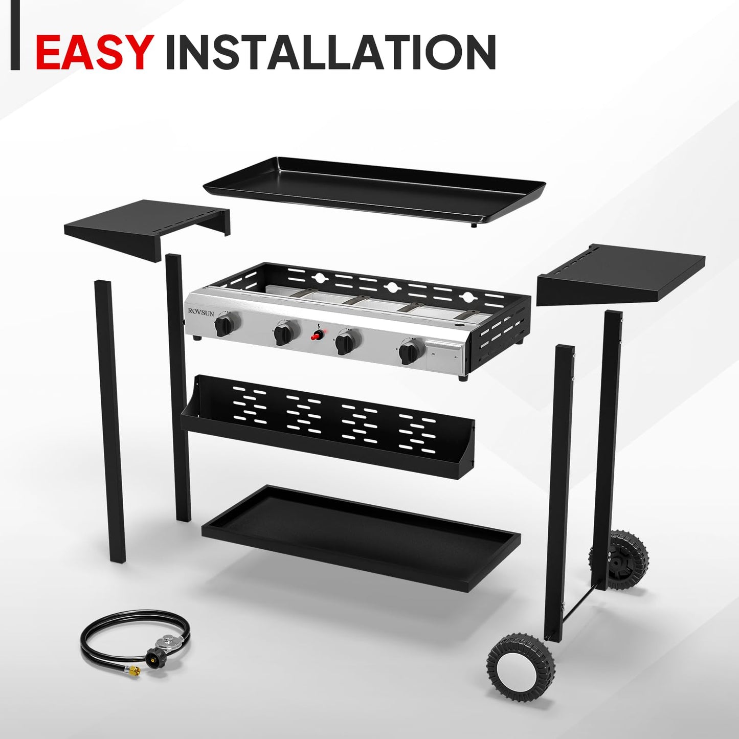 Bonnlo 4 Burner Portable Propane Griddle, 40,000BTU Gas Griddle Grill with Nonstick Enameled Tray, Rolling Flat Top Gas Grill w/Electronic Ignition, Side Shelve & Regulator, Ideal for Outdoor Cooking