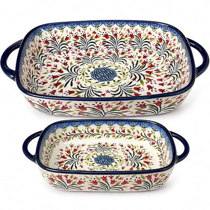 Polish Pottery Style Ceramic Baking Dish Set, 2-Piece Large & Small Casserole Bakers for 2–3 People, Floral Oven-to-Table Bakeware, Microwave & Dishwasher Safe, Gift-Ready with Protective Packaging