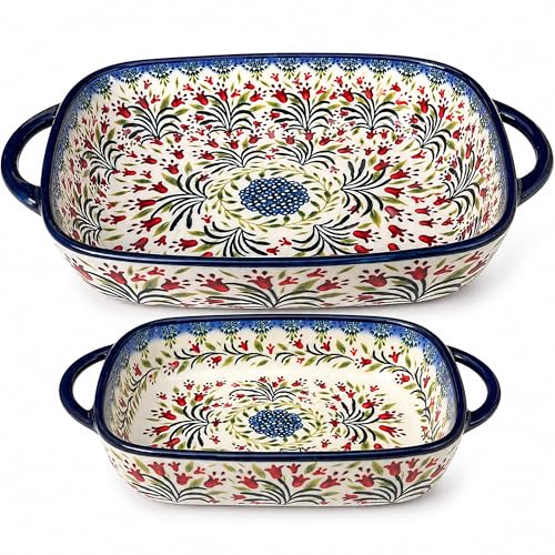 Polish Pottery Style Ceramic Baking Dish Set, 2-Piece Large & Small Casserole Bakers for 2–3 People, Floral Oven-to-Table Bakeware, Microwave & Dishwasher Safe, Gift-Ready with Protective Packaging