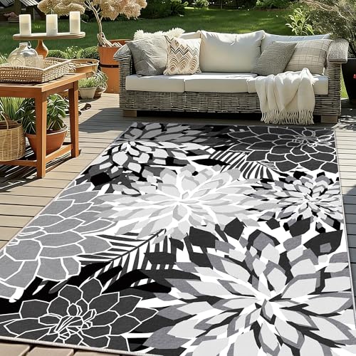 ZonLi Outdoor Rug 5x8Ft Waterproof Multicolored Black White Indoor Area Rug Washable Outdoor Patio Rugs Tropical Floral Non Slip Outdoor Carpet for Living Room, Pool,Backyard,Deck,Camping.