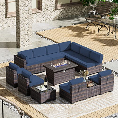 RTDTD 13 Pieces Outdoor Patio Furniture Set,Outdoor Sectional Furniture with 43" 55000 BTU Gas Propane Fire Pit Table,PE Rattan Wicker Patio Conversation Set with 10 Thickened Cushions,Navy Blue