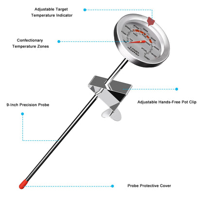 Stainless Steel Candy Thermometer with Pot Clip Deep Fry Oil Thermometer with 9" Long Probe & 2" Dial Accurate Temperature Reading for Cooking Candy Sugar Jelly Syrup Deep Frying Thermometer