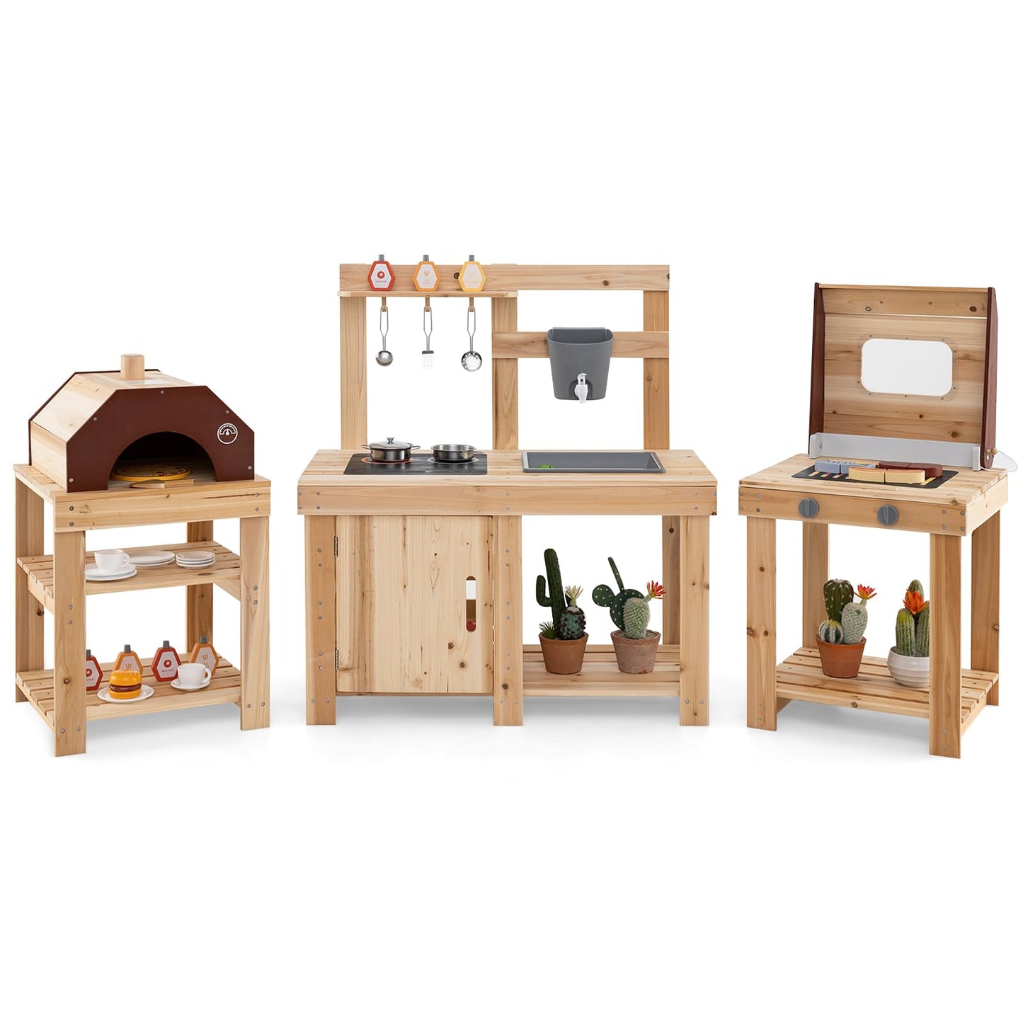 HONEY JOY Mud Kitchen, 3-Piece Modular Wooden Toddlers Play Kitchen/Pizza Counter Playset/Oven Barbecue Grill, Play Food and Accessories, Little Chef Pretend Mud Kitchen for Kids Outdoors, Natural