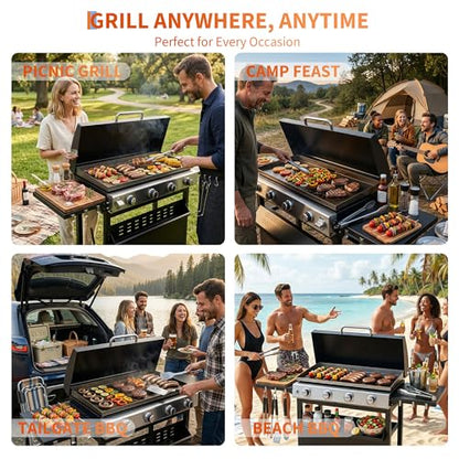 Grills 4 Burner Propane Gas Grill 32,000 BTU Stainless Steel Outdoor Patio Barbecue Grill Propane Gas Griddle with Removable Cart Portable Griddle for Outdoor Cooking, BBQ Camping, Backyard