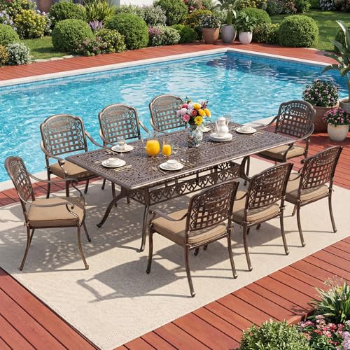 Redlife 9-Piece Cast Aluminum Outdoor Dining Set, 86" Rectangular Patio Table with Umbrella Hole, 8 Stackable Chairs with Cushions, Lattice Backrest, All-Weather Waterproof Patio Furniture Set