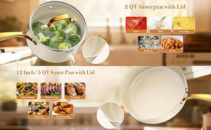 PekGema Ceramic Cookware Set 15-Pieces, Pots and Pans Set Non Stick, Oven Safe Non Toxic, Kitchen Cookware Set, PFOA PTFE FREE, Gold White