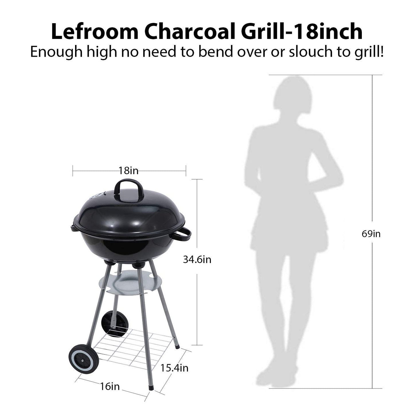 Charcoal Grill 18 inch Barbecue Grill with Waterproof Grill Cover for Outdoor Courtyard Picnic Camping Tailgating BBQ Kettle