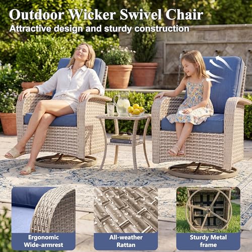 SnugVista Patio Furniture Set, 18-Piece Outdoor Sectional Sofa with Swivel Rocker Chairs & Fire Pit Table, Wicker Patio Conversation Set with Coffee Table, Blue Cushions