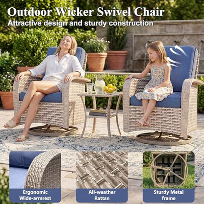 SnugVista Patio Furniture Set, 12-Piece Outdoor Sectional Sofa with Swivel Rocker Chairs & Ottomans, Wicker Patio Conversation Set with Coffee Table, Blue Cushions