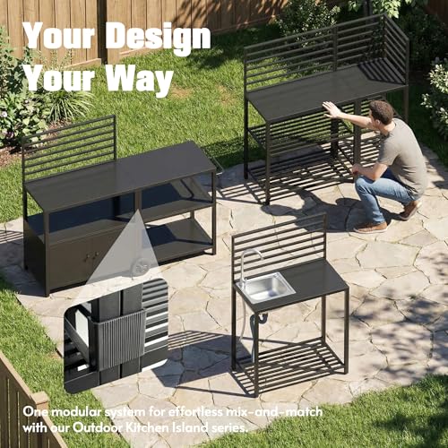 LYNSLIM 5-Piece Outdoor Grill Table Kitchen Island with Ample Storage Cabinet, Outdoor Metal Grill Cart, Independence Steel Sink & Drainage w/Faucet (Black, Outdoor Kitchen Lsland)