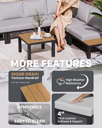 ZANDOR 7 Pieces Aluminum Outdoor Patio Furniture Set, Movable Backrest Modular Sectional Sofa Set, Metal Conversation Set with 4-inch Thick Cushion for Garden Backyard Porch, Grey