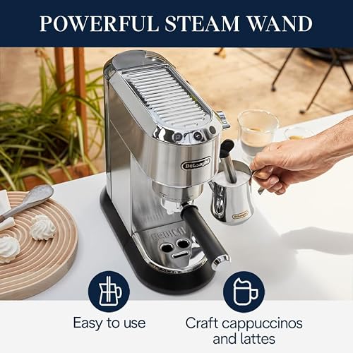 De’Longhi Dedica Espresso Machine with Manual Milk Frother, 15-Bar Pump & Adjustable Tray - Home Barista Coffee Maker for Espresso, Latte, Cappuccino & Iced Coffee - Italian Stainless Steel Design