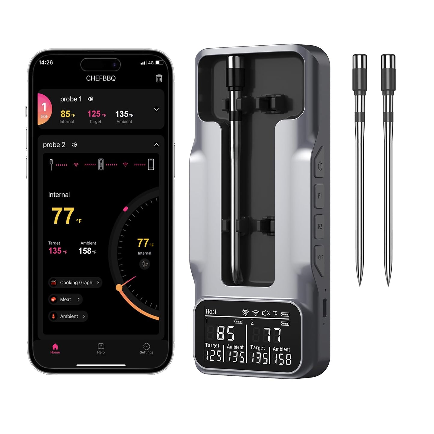 800FT Smart Wireless Meat Thermometer with Digital Meat Probe, Bluetooth Meat Thermometer with App Host Control for Barbecue, Outdoor Grilling, Oven & Smoker (Two*Probe-01)