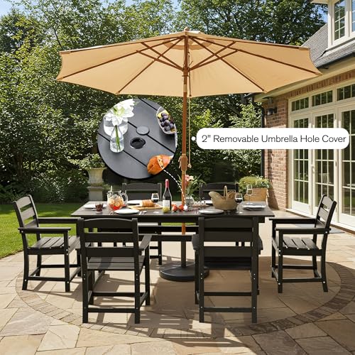 nalone 7-Piece Patio Dining Table Set, HDPE Outdoor Dining Sets with Table and 6 Chairs, Dining Furniture Set with Umbrella Hole (Black, 7 Pcs)