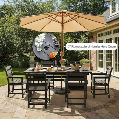 nalone 7-Piece Patio Dining Table Set, HDPE Outdoor Dining Sets with Table and 6 Chairs, Dining Furniture Set with Umbrella Hole (Black, 7 Pcs)