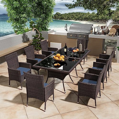 ASJMR 10 Pieces Dining Sets for 8 with Rattan Dining Set Chairs x8 and Square Table Glass Topx2 with Umbrella Cutout, Outdoor and Indoor Set-Navy