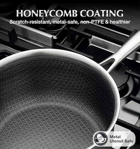 KOCH SYSTEME CS Hybrid Nonstick Stainless Steel Saucepan, 2 Quart Tri-Ply Stainless Steel Sauce Pan with Nonstick Honeycomb Interior, Hybrid Sauce Pan with Lid, Small Steel Pot, Induction Compatible