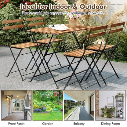 Giantex 5-Piece Outdoor Dining Table Set for 4, Acacia Wood Bistro Table with 4 Folding Patio Chairs, Slatted Seat & Tabletop, Metal Frame, for Yard Porch Garden Poolside (Black + Brown)