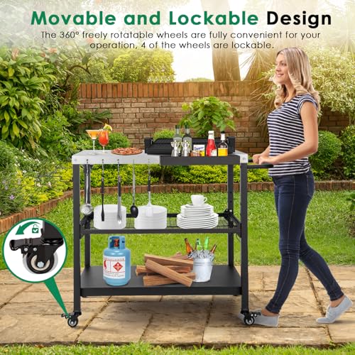 Tyfnry Outdoor Grill Cart,36 Inch Stainless Steel Pizza Oven Table with Lockable Wheels, Hooks & Adjustable Mesh, Metal Kitchen Cart Island, Black(36.2'' D x 19.6''W x 31.4''H)