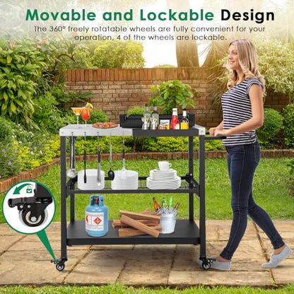 Tyfnry Outdoor Grill Cart,36 Inch Stainless Steel Pizza Oven Table with Lockable Wheels, Hooks & Adjustable Mesh, Metal Kitchen Cart Island, Black(36.2'' D x 19.6''W x 31.4''H)