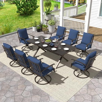 Gotland 9 Piece Outdoor Dining Set, Metal Outdoor Table and Swivel Chairs with X-Shaped Legs 1.5" Umbrella Hole, Patio Furniture Set with Waterproof Cushions, Patio Dining Sets for Backyard Deck Navy